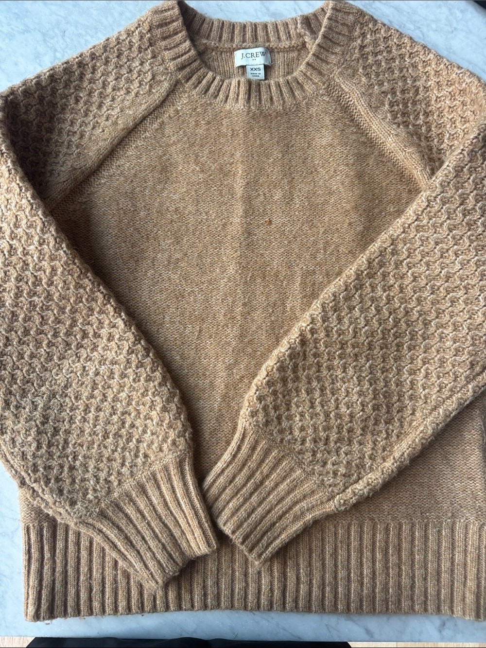J. Crew Honey Camel Textured-Sleeve Crewneck Sweater - Picture 1 of 3